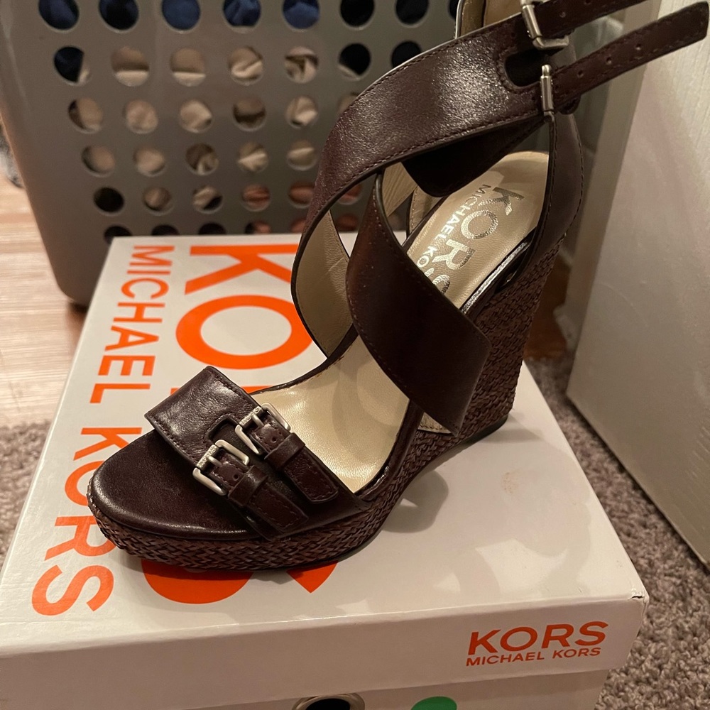 Michael Kors Brown Westby Strappy Leather Wedges Women’s Size 5